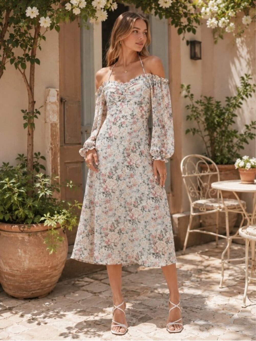 Astr Floral Cinch Bust Off The Shoulder Cottage Midi Dress Coquette Romantic Lg